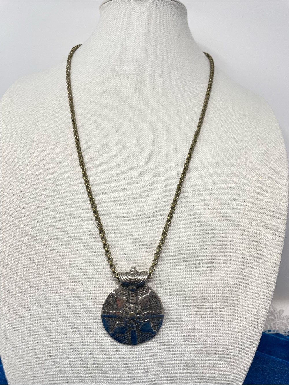 Vintage-Style Silver and Brass Round Pendant Necklace